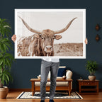 Longhorn Cow Wall Art Canvas Print, Framed Texas Ranch Print, Western Bull Art, Cowboy Decor