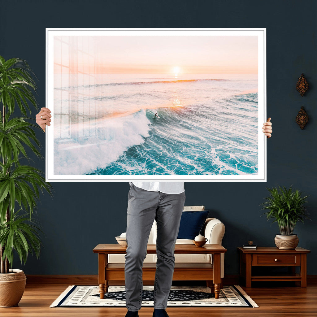 Sunset Surfing Wall Art Canvas Print, Ocean Wave Surfer with Golden Sky