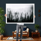 Foggy Forest Wall Art Canvas Print, Mountain Woodland Landscape, Minimal Nature Decor