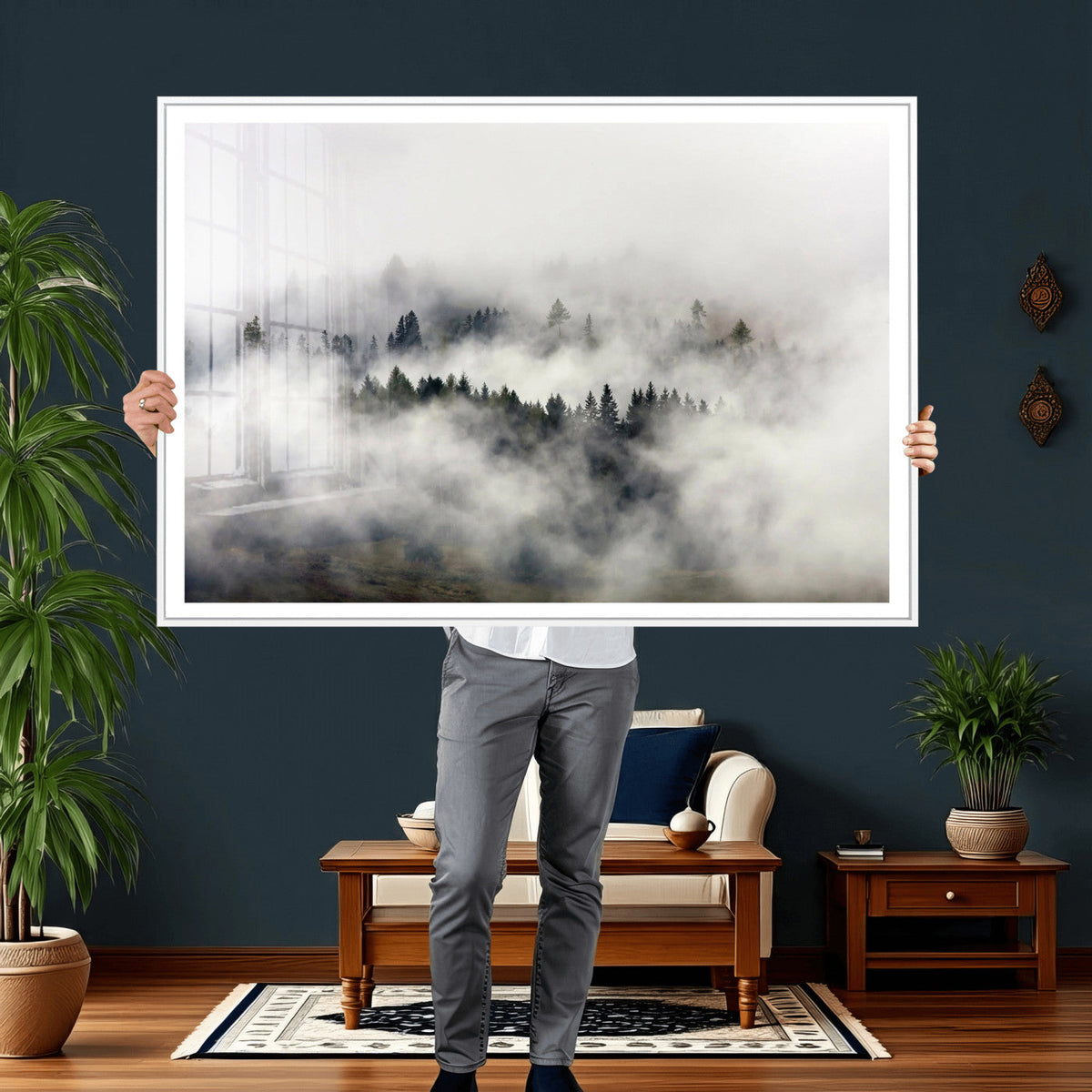 Foggy Forest Wall Art Canvas Print, Misty Pine Tree Landscape