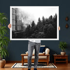 Black White Forest Wall Art Canvas Print, Misty Pine Tree Landscape