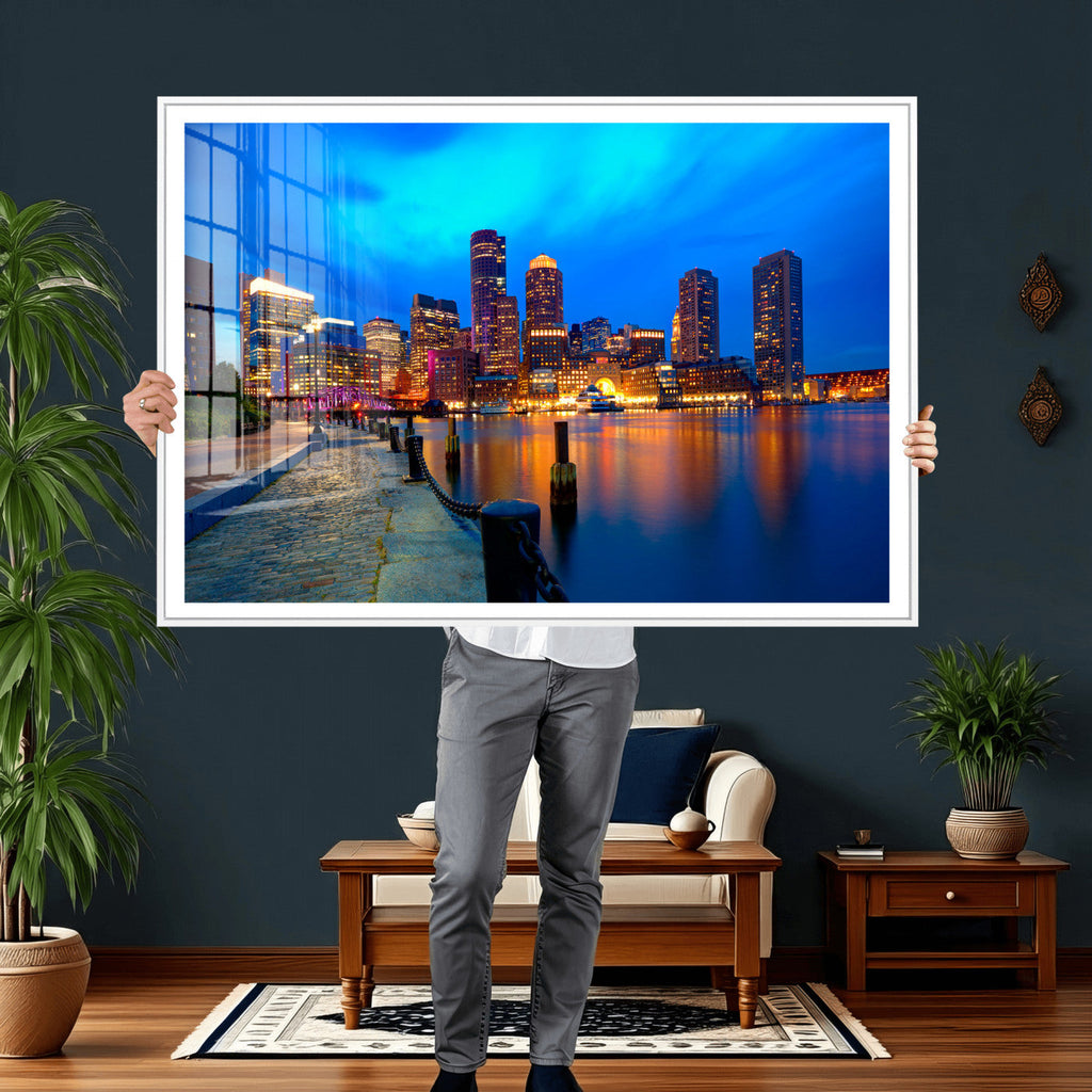 Boston Wall Art Canvas Print, Boston City Downtown Night Cityscape