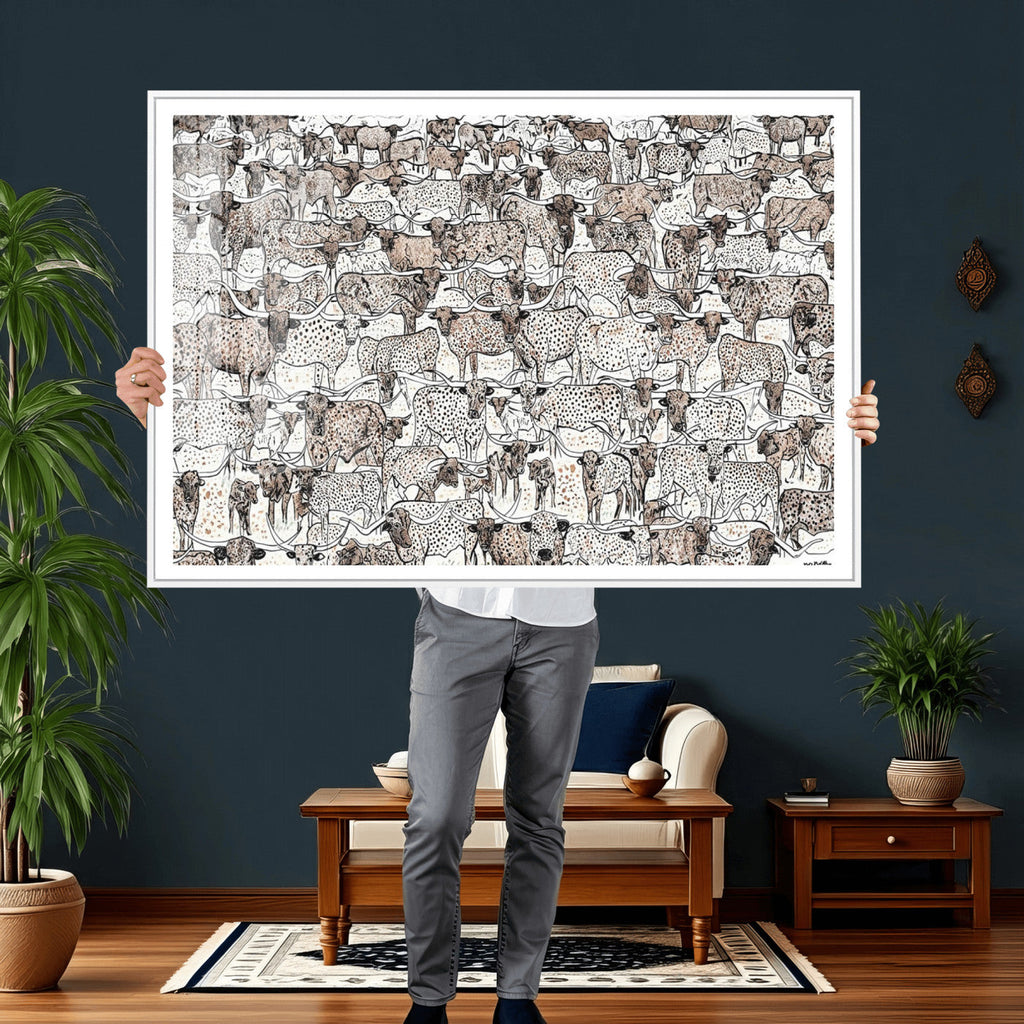 Abstract Texas Cow Wall Art Canvas Print, Farm Longhorn Art for Cabin Decor