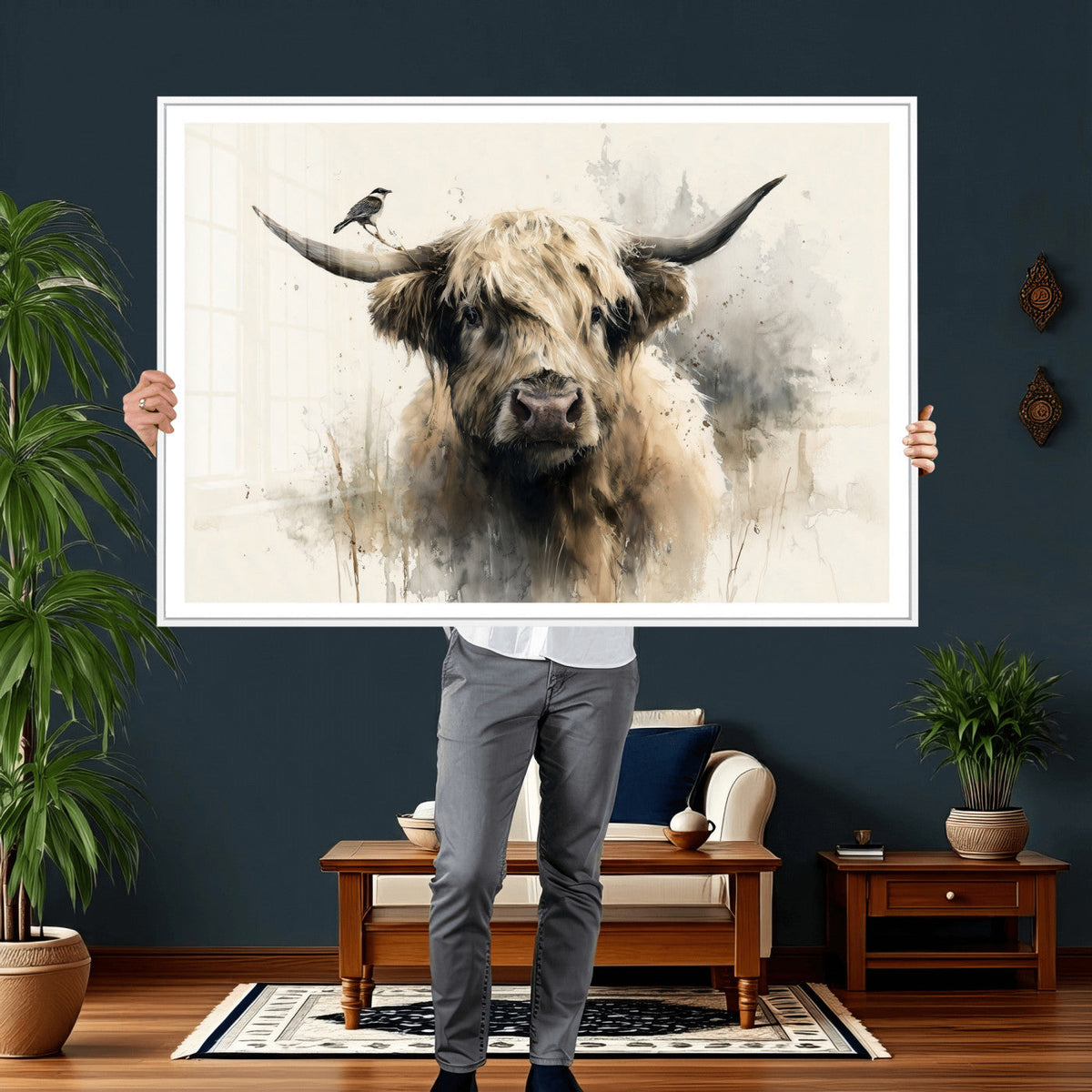 Abstract Highland Cow Wall Art Canvas Print, Rustic Farm Cattle Portrait