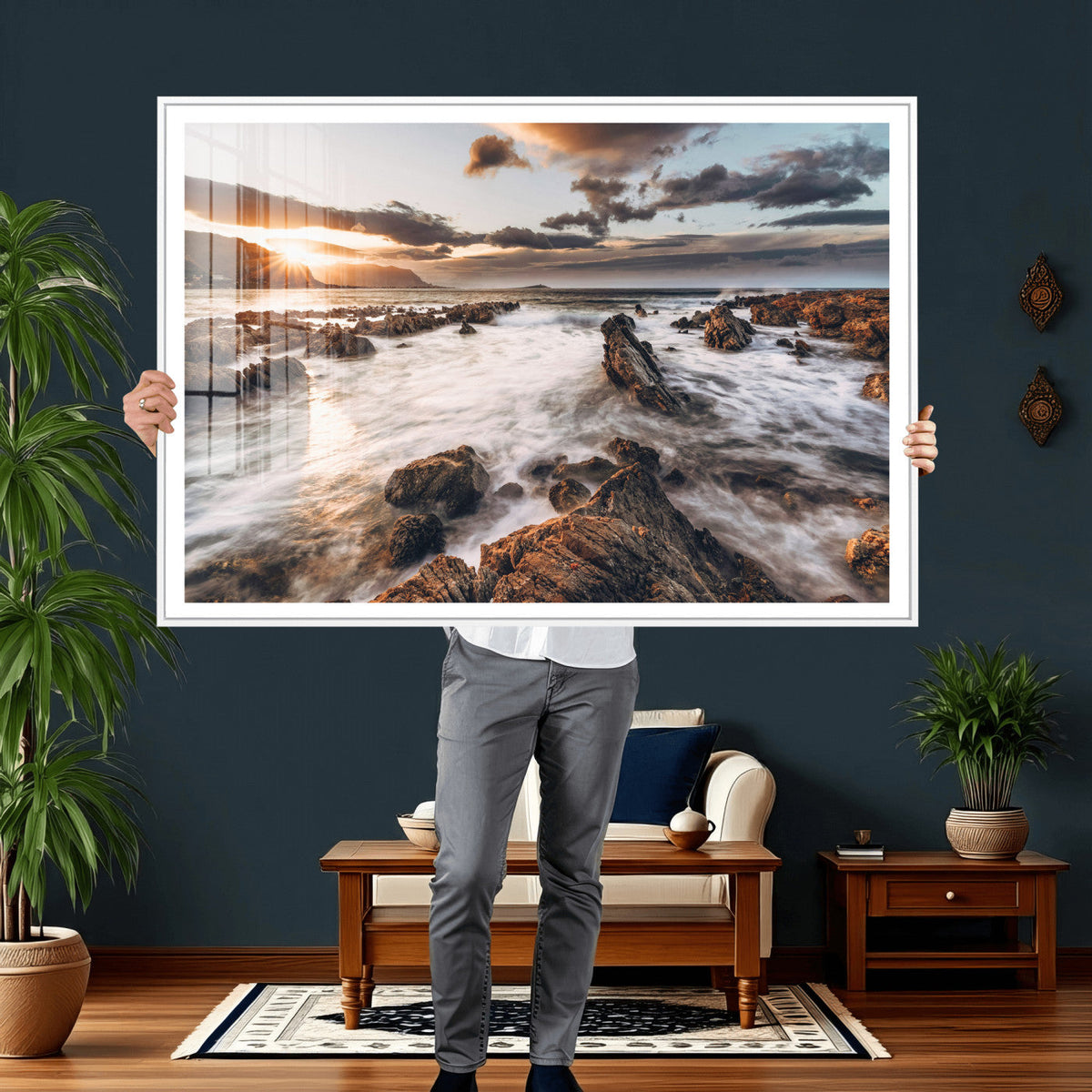 Rocky Coast Ocean Sunset Wall Art Canvas Print, Dramatic Seascape Nature Decor