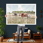 Texas Longhorn Cattle Wall Art Canvas Print, Western Ranch Landscape Decor