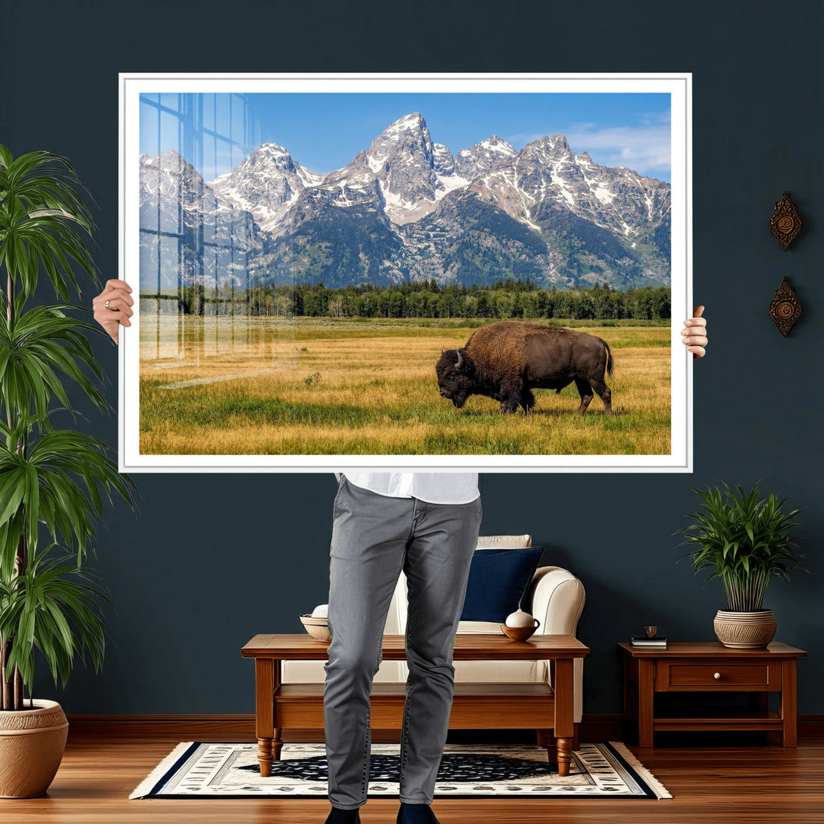 Bison in Mountain Landscape Wall Art Canvas Print, Western Decor