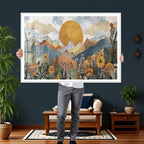 Boho Mountain Landscape Large Wall Art, Horizontal Gold Sun and Flowers Print