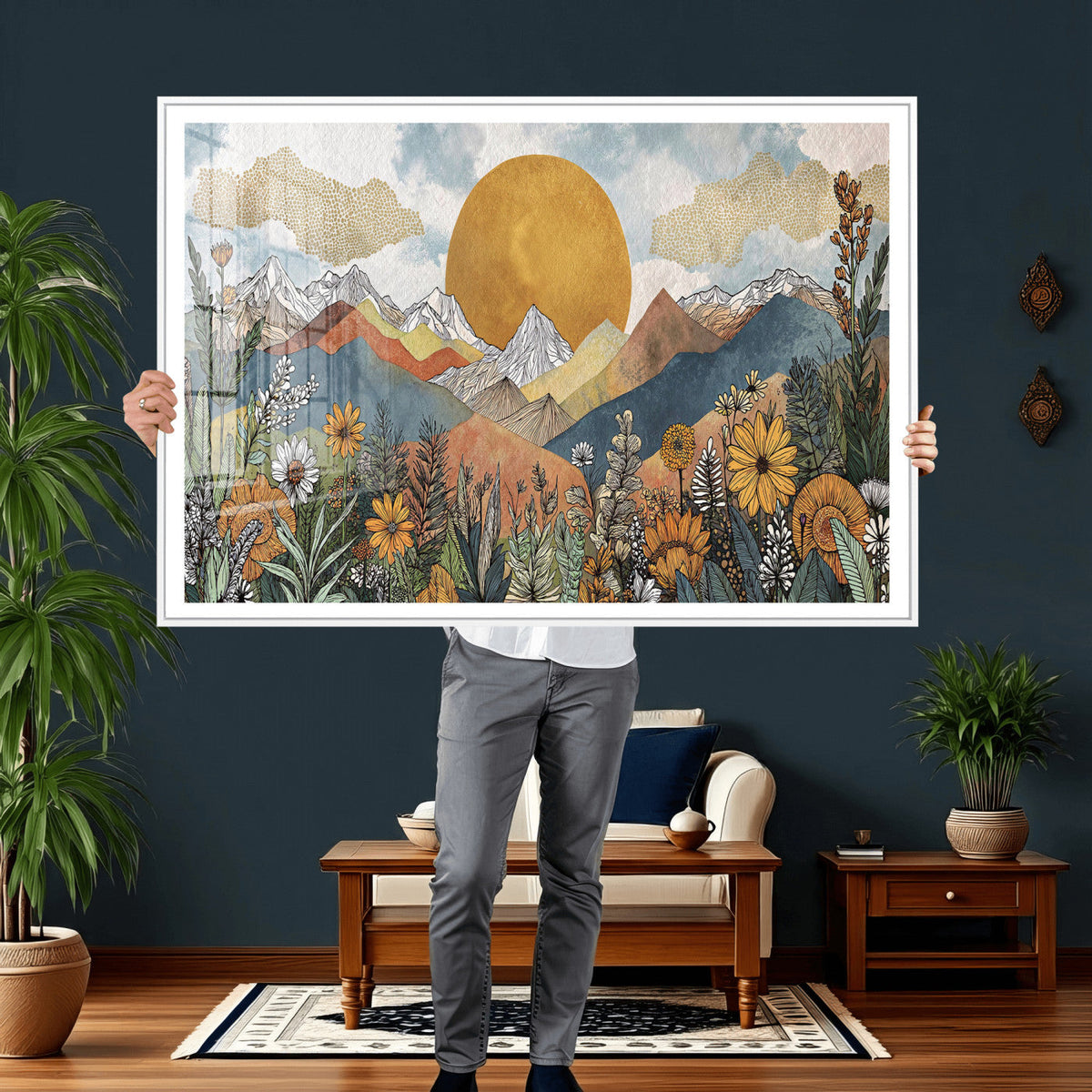 Boho Mountain Landscape Large Wall Art, Horizontal Gold Sun and Flowers Print