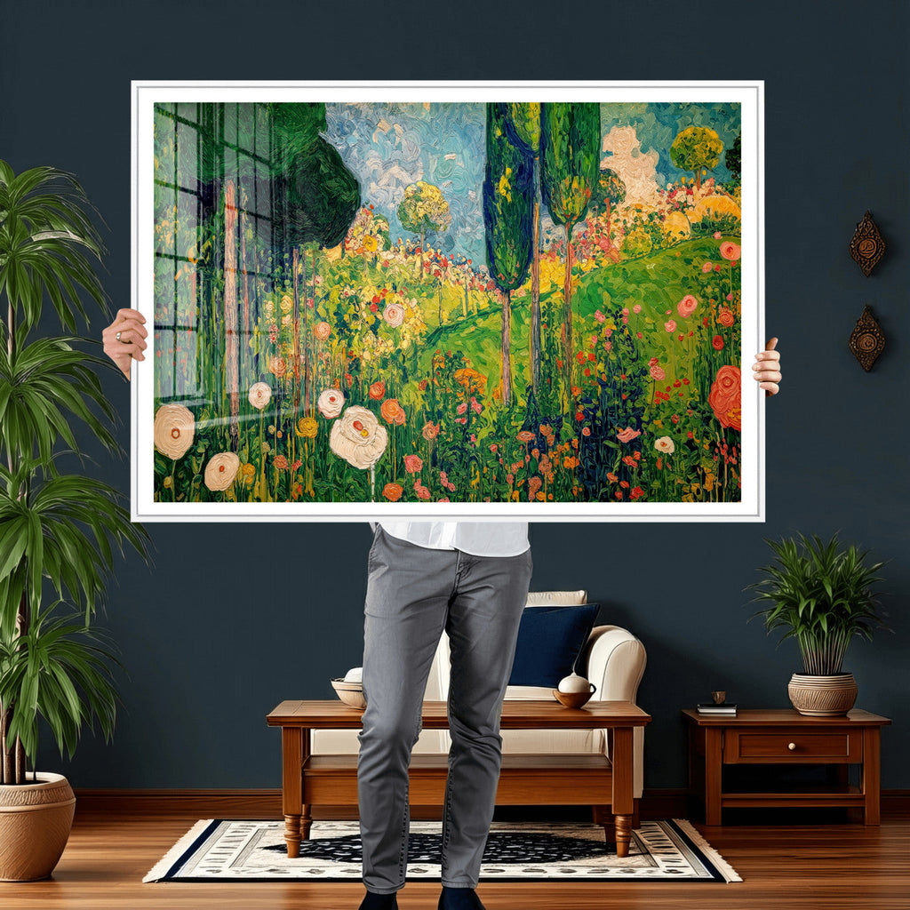 Gustav Klimt Boho Mountain Landscape Large Wall Art, Gold Sun and Flowers Print