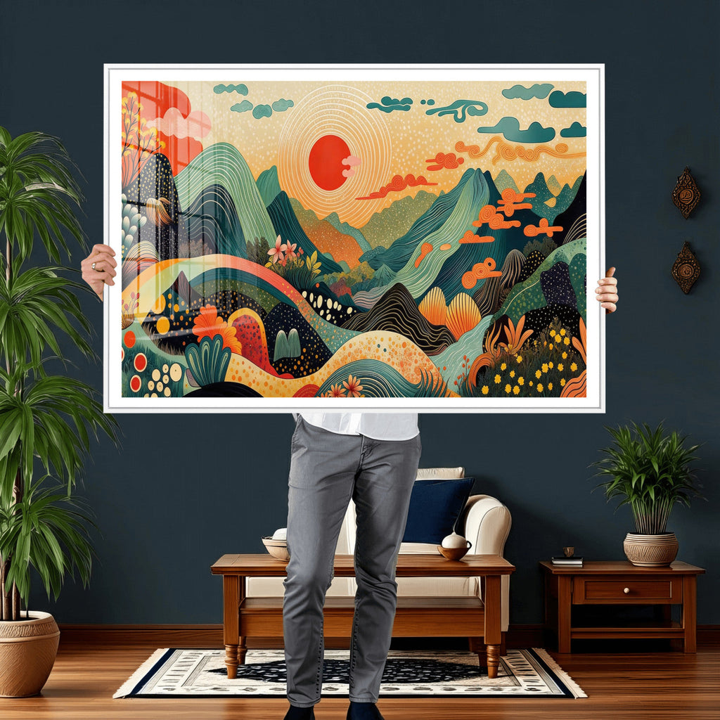 Yayoi Kusama Boho Mountain Landscape Large Wall Art, Gold Sun and Flowers Print