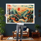 Yayoi Kusama Boho Mountain Landscape Large Wall Art, Gold Sun and Flowers Print