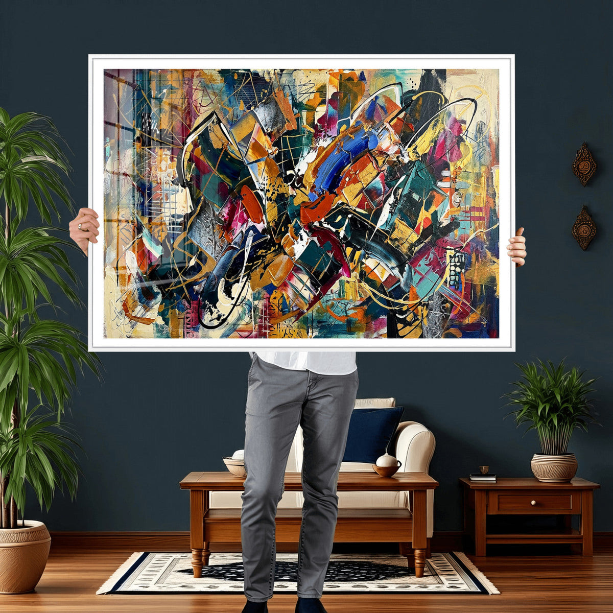 Geometric Abstract Wall Art Canvas Print, Orange Blue