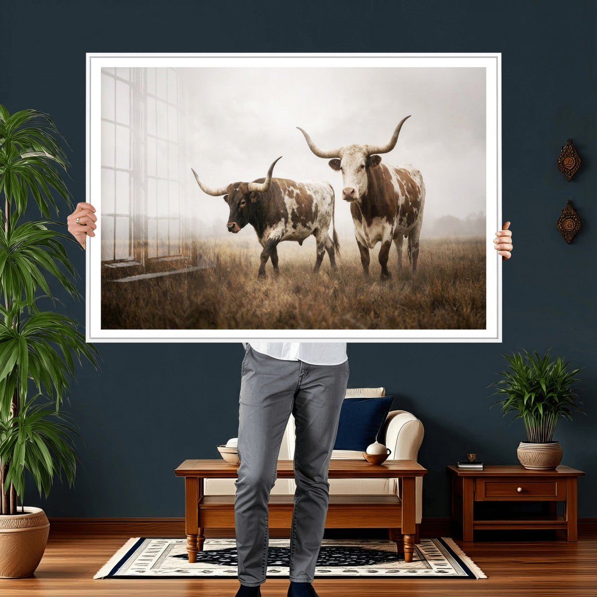 Texas Longhorn Canvas Wall Art Western Bull Desert, Rustic Farmhouse Wall Decor