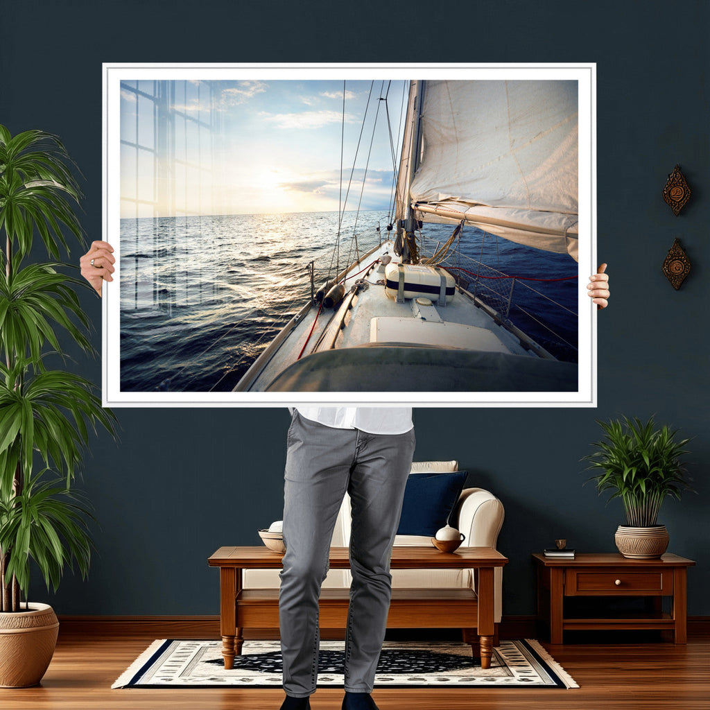 Sailboat Wall Art Canvas Print, Ocean Sunset Sailing Framed Artwork
