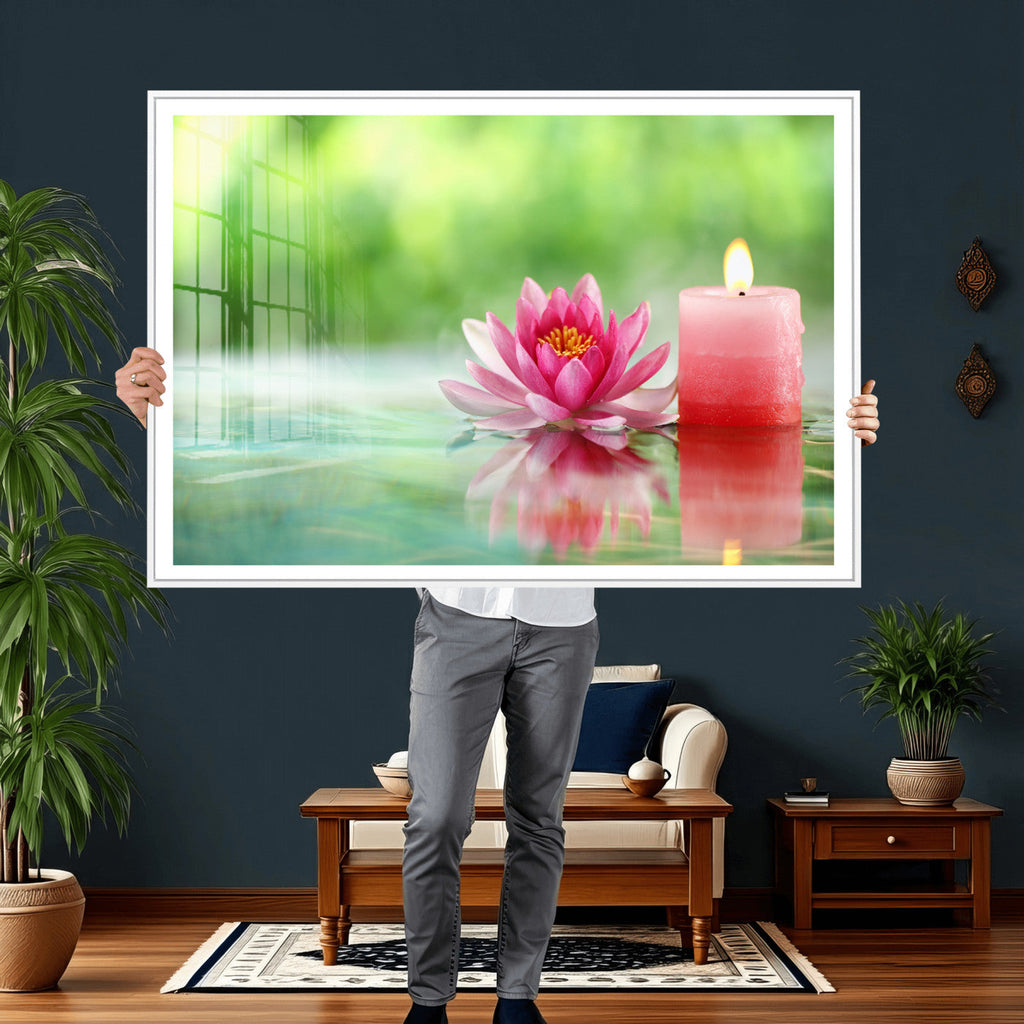 Zen Lotus Candle Canvas Wall Art, Pink Spa Meditation Decor