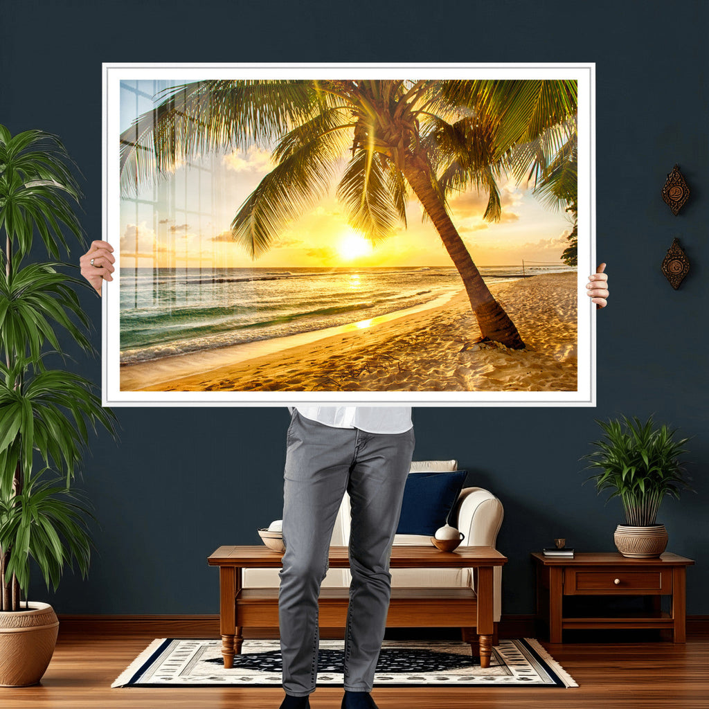 Beach Sunset Canvas Wall Art Print - Tropical Beach Canvas With Palm Trees