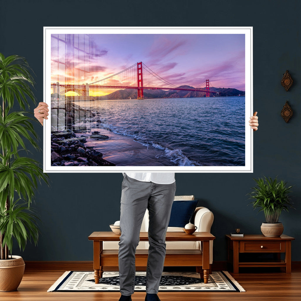 Golden Gate Bridge Wall Art Canvas Print, Framed San Francisco Sunset Landmark