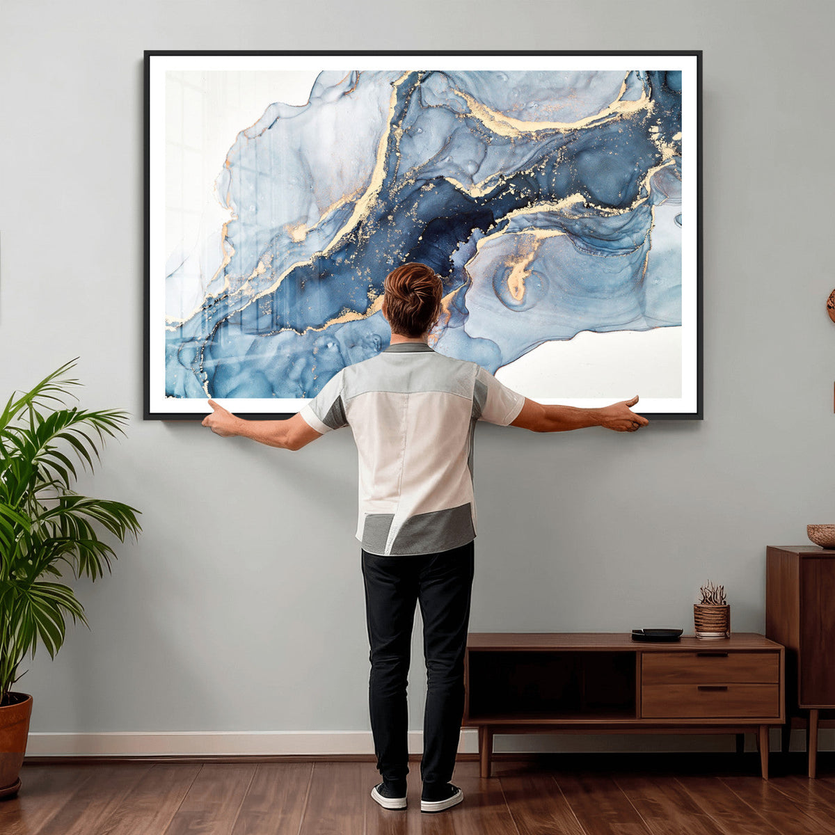 Blue Abstract Canvas Wall Art Print | Fluid Marble Effect Abstract Art