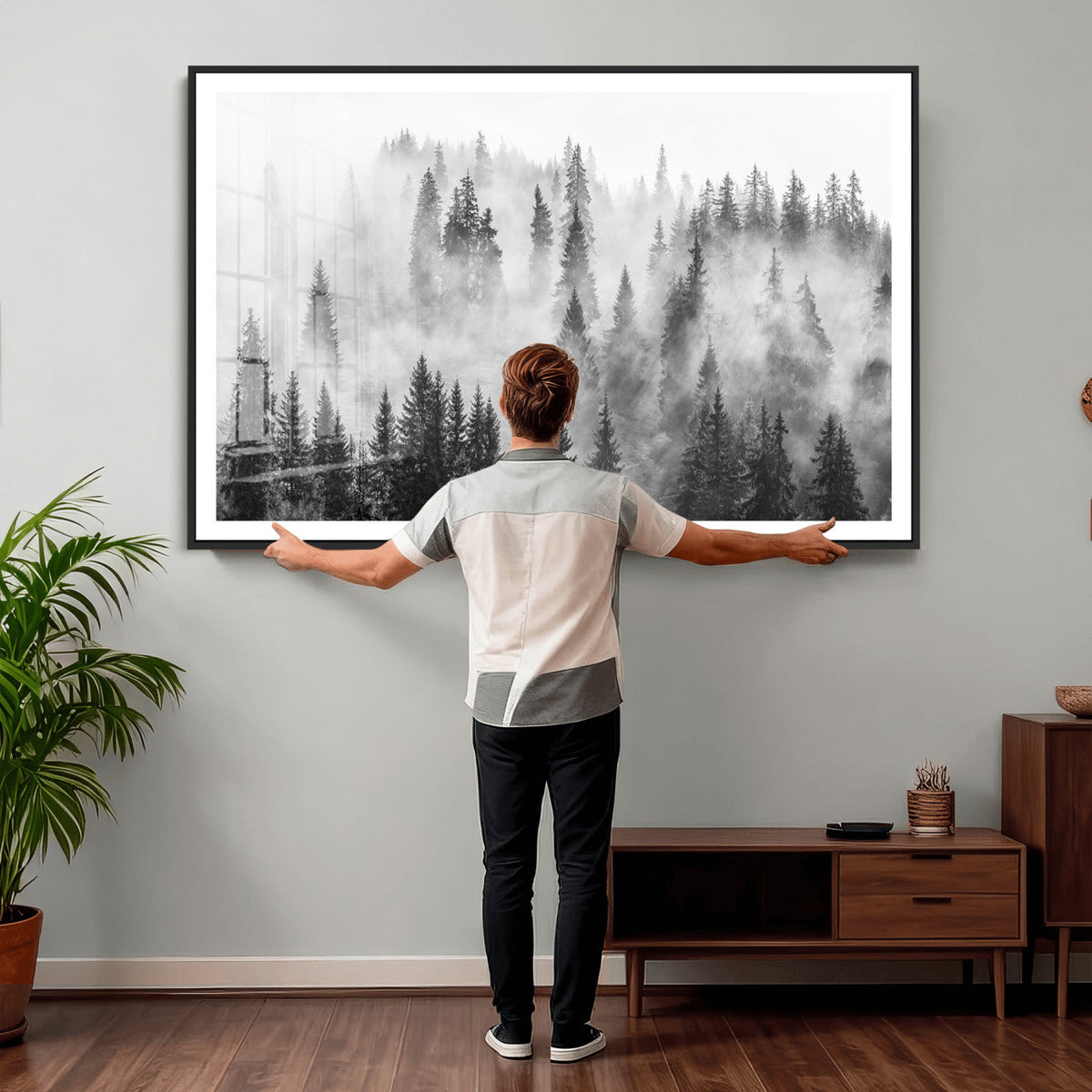 Forest Wall Art Print | Foggy Pine Forest Canvas Wall Art, Black and White Nature Decor