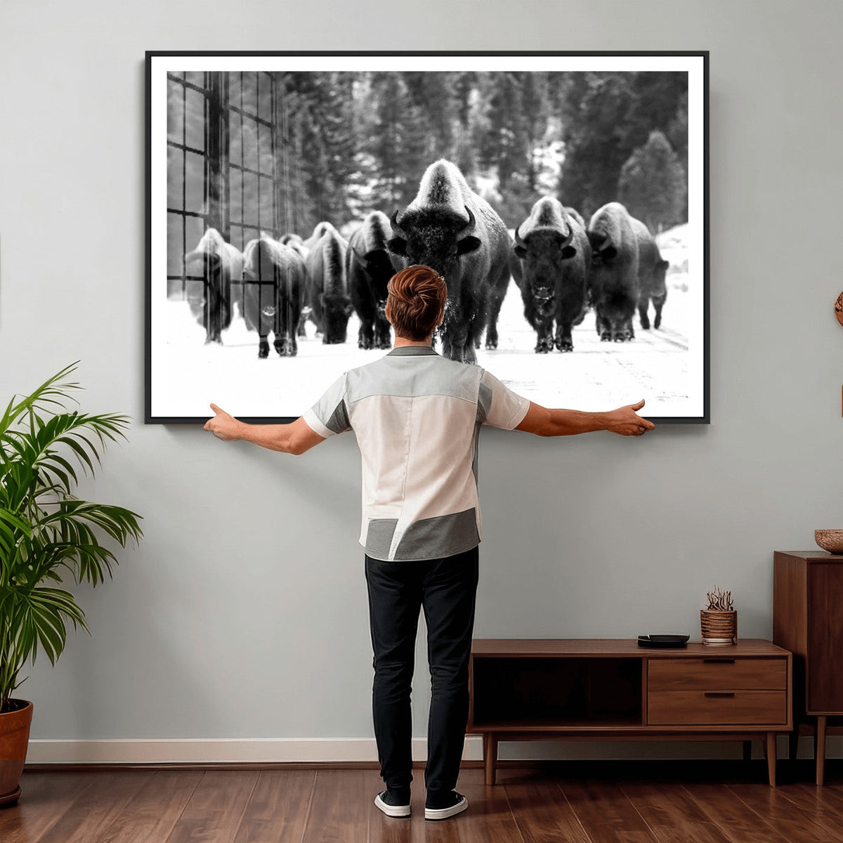Bison Herd in Snow Wall Art Canvas Print | Rustic Western Bison Wall Art for Living Room and Farmhouse Decor
