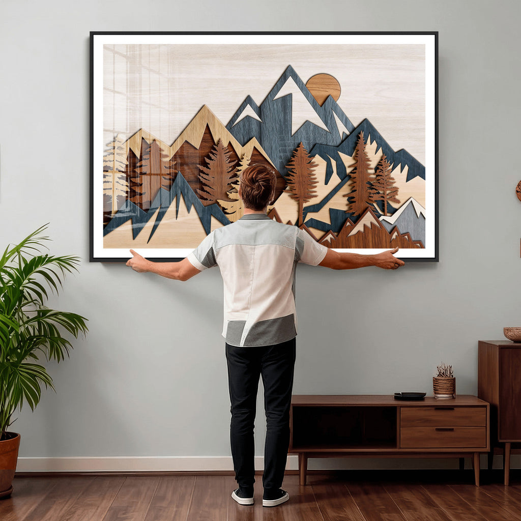 Rustic Abstract Wood Panel Effect Canvas | Mountain Range Top Wood Wall Art Canvas Print