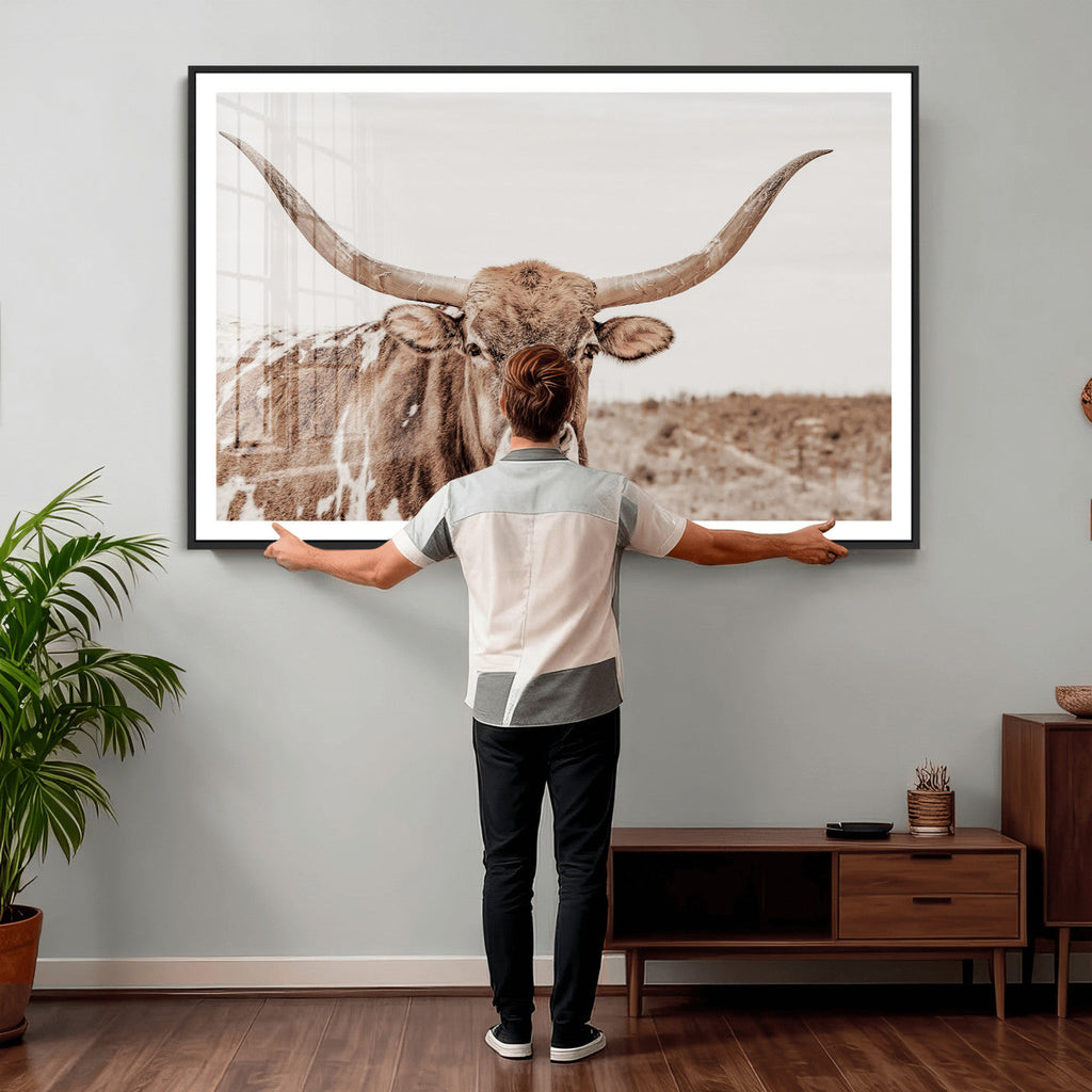 Longhorn Cow Wall Art Canvas Print, Framed Texas Ranch Print, Western Bull Art, Cowboy Decor