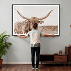 Longhorn Cow Wall Art Canvas Print, Framed Texas Ranch Print, Western Bull Art, Cowboy Decor
