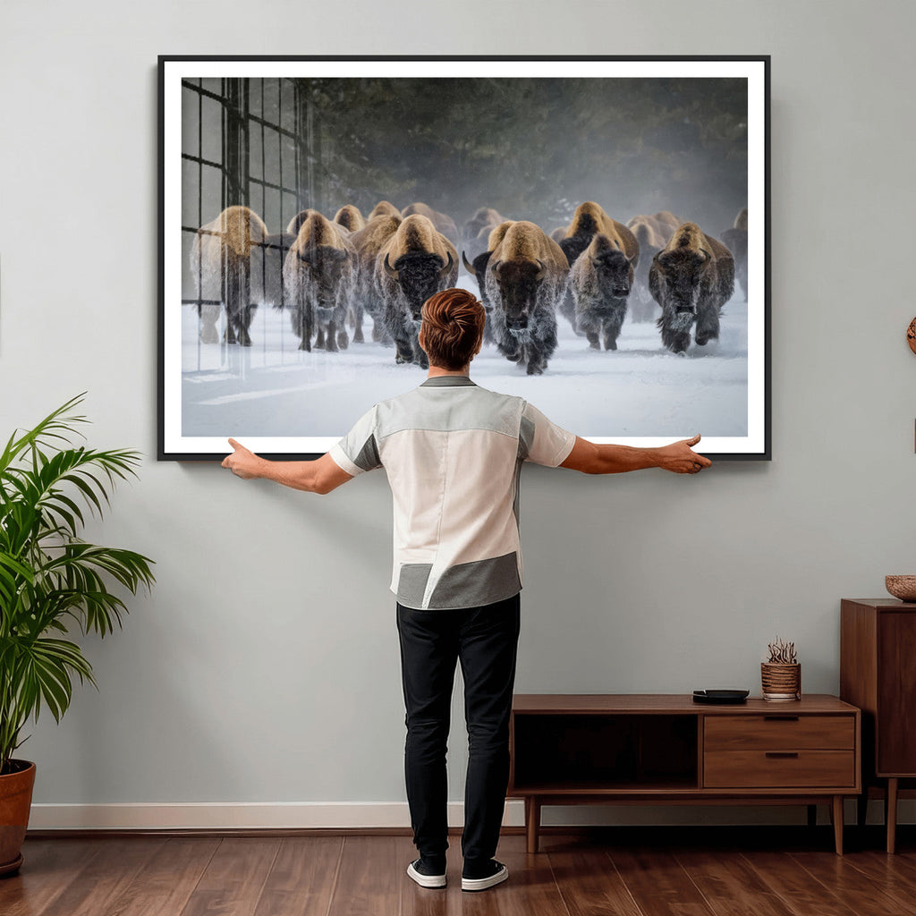 Bison Herd Wall Art Canvas Print, Framed Rustic Wildlife Decor, Snowy Bison Landscape