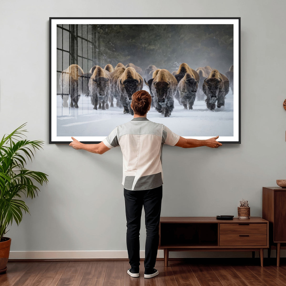 Bison Herd Wall Art Canvas Print, Framed Rustic Wildlife Decor, Snowy Bison Landscape