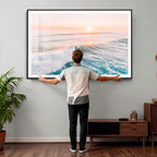 Sunset Surfing Wall Art Canvas Print, Ocean Wave Surfer with Golden Sky