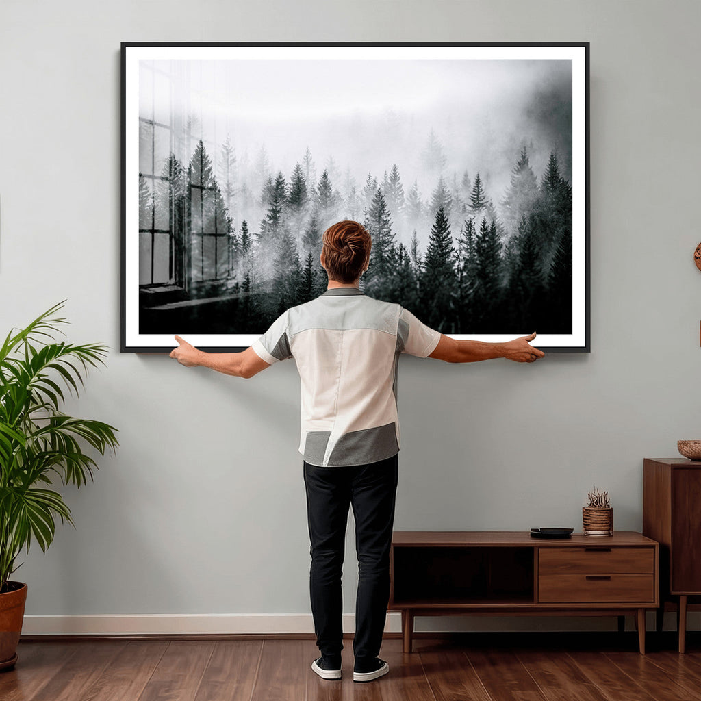 Foggy Forest Wall Art Canvas Print, Mountain Woodland Landscape, Minimal Nature Decor