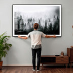 Foggy Forest Wall Art Canvas Print, Mountain Woodland Landscape, Minimal Nature Decor