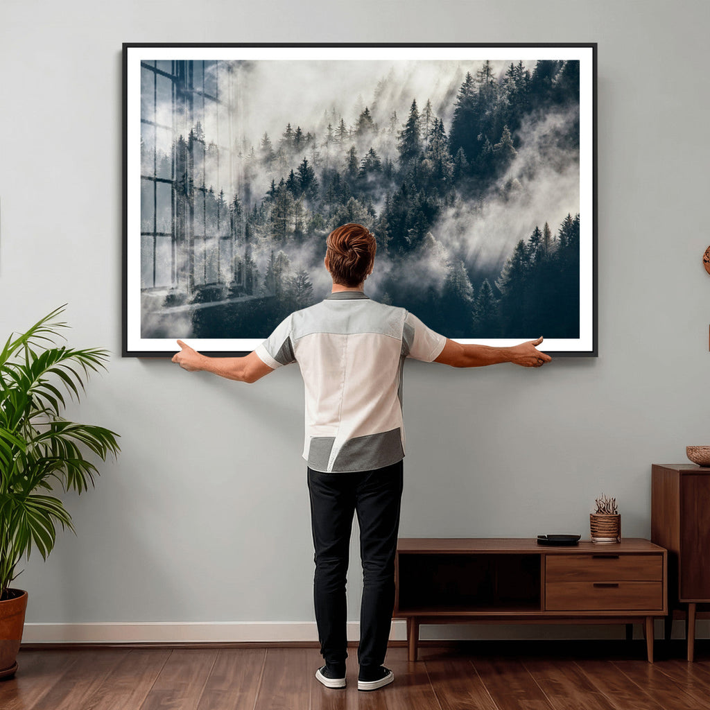 Foggy Mountain Forest Canvas Print, Misty Pine Trees Nature Wall Art