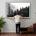 Black White Forest Wall Art Canvas Print, Misty Pine Tree Landscape