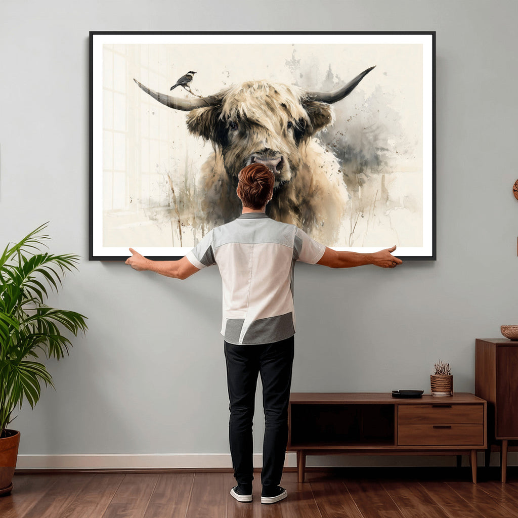 Abstract Highland Cow Wall Art Canvas Print, Rustic Farm Cattle Portrait