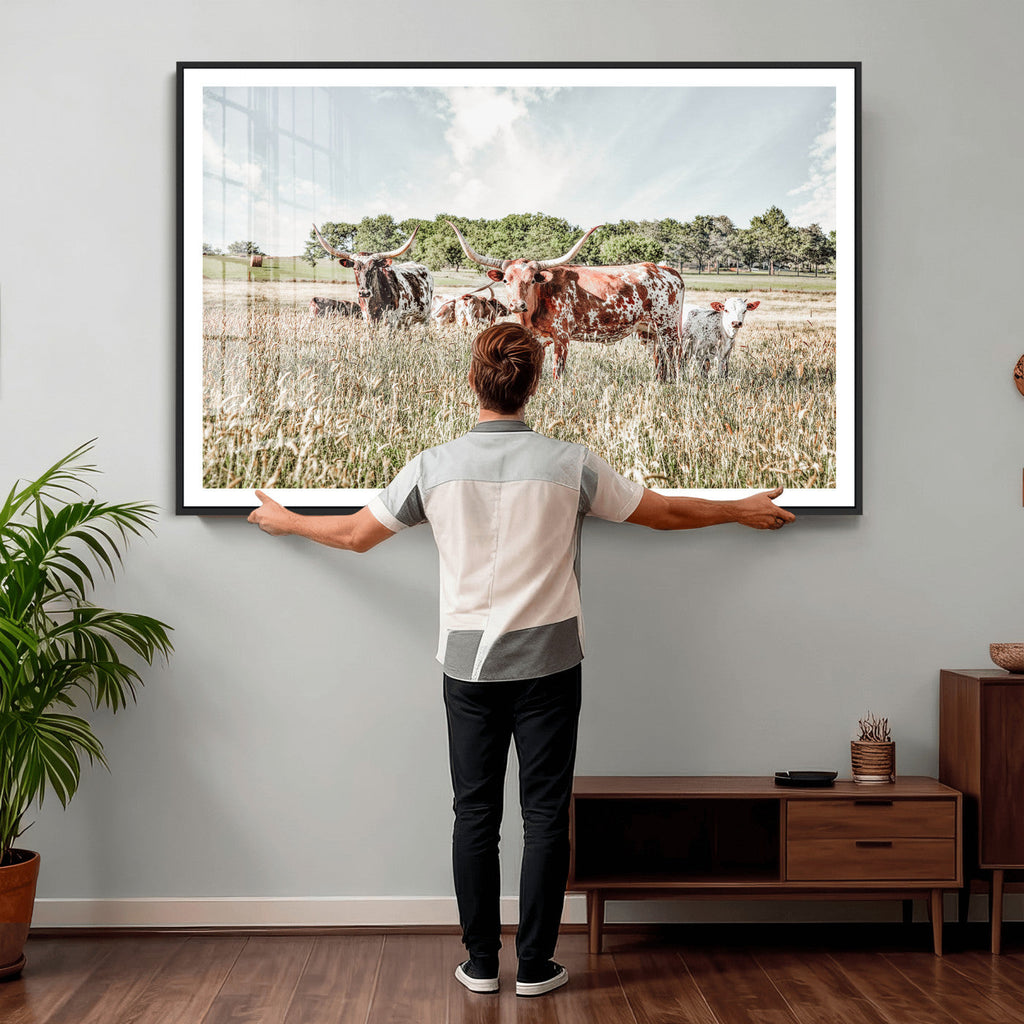 Texas Longhorn Cattle Wall Art Canvas Print, Western Ranch Landscape Decor