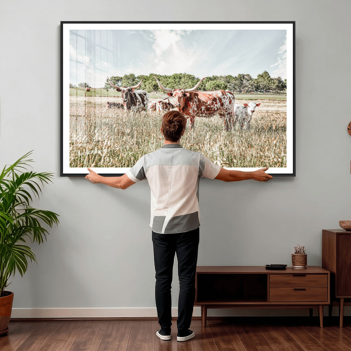 Texas Longhorn Cattle Wall Art Canvas Print, Western Ranch Landscape Decor