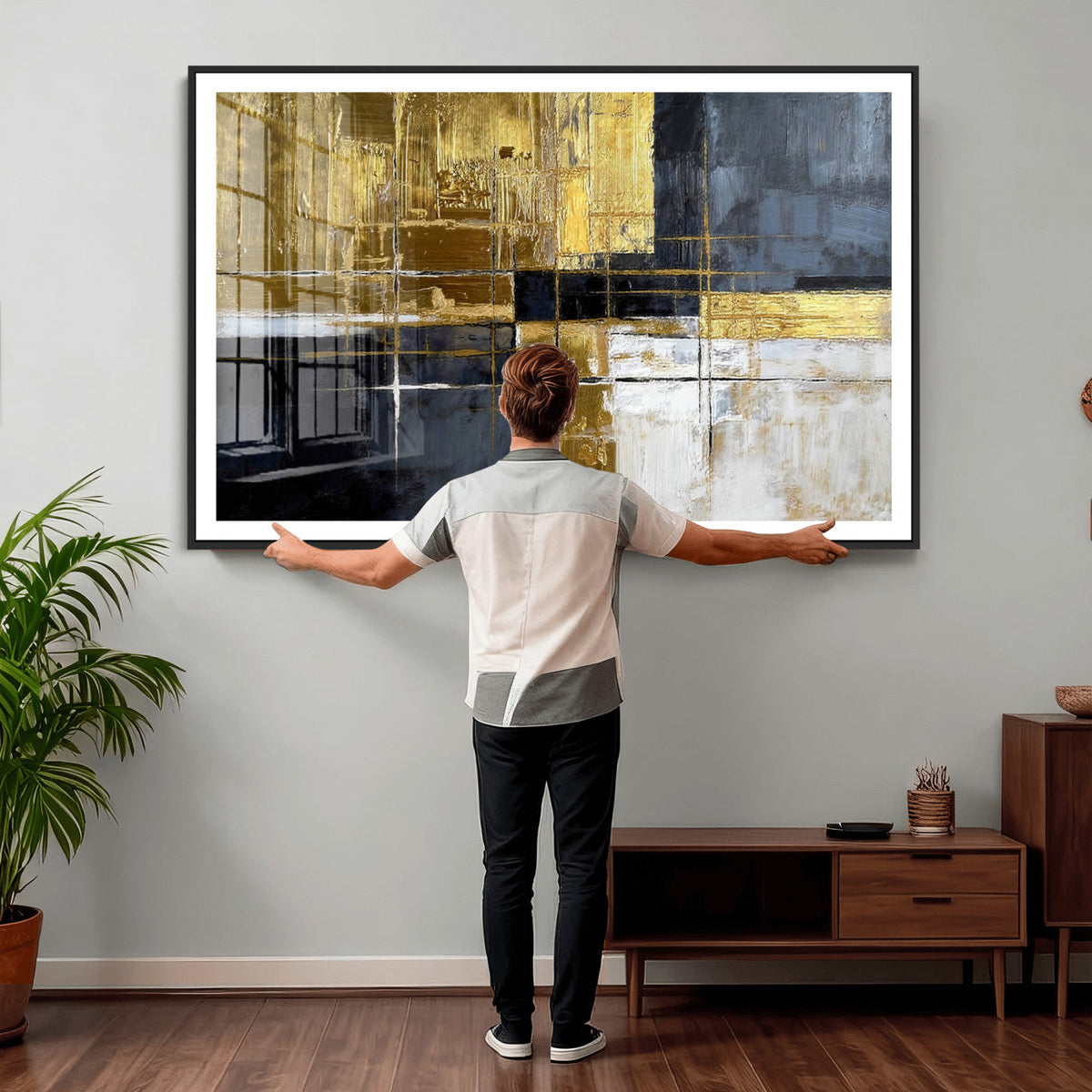 Gold Navy Abstract Wall Art Canvas Print, Modern Luxury Geometric Art for Living Room and Office