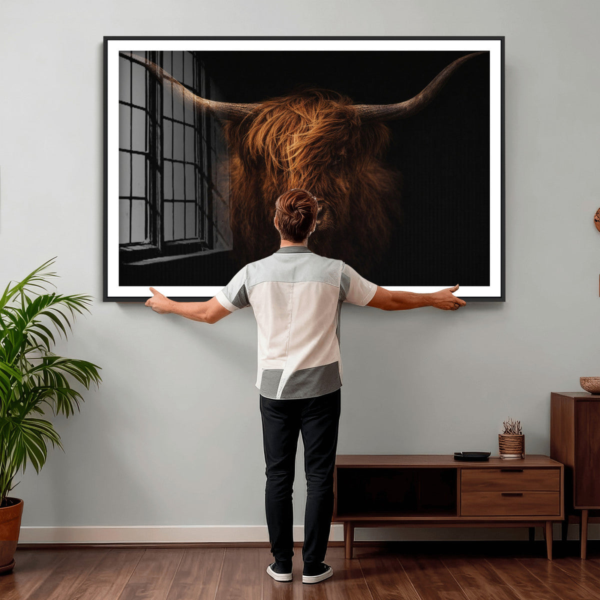 Highland Cow Wall Art Canvas Print | Moody Dark Rustic Farmhouse Portrait