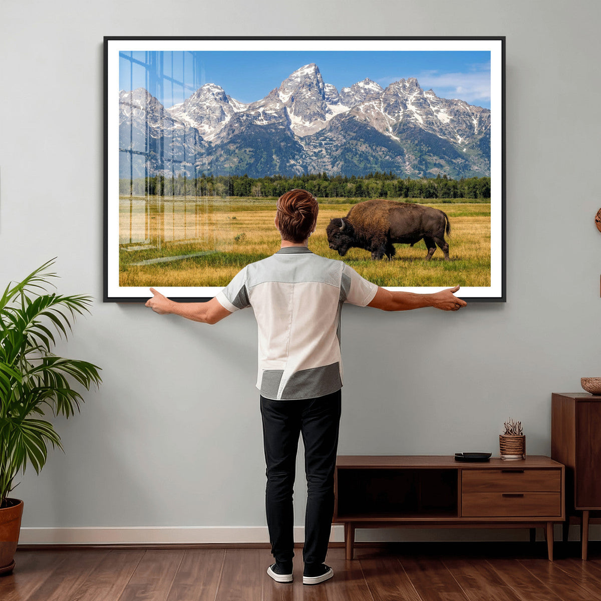 Bison in Mountain Landscape Wall Art Canvas Print, Western Decor