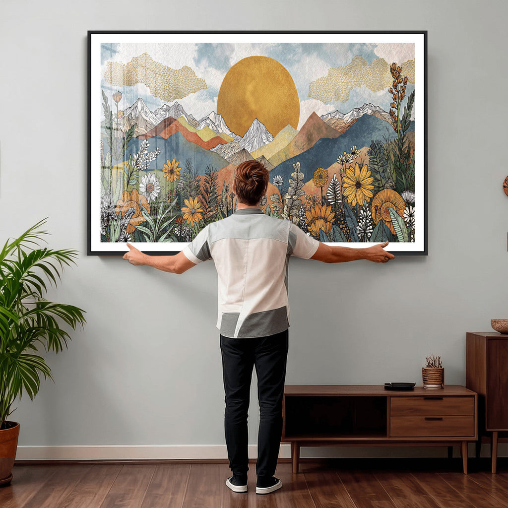 Boho Mountain Landscape Large Wall Art, Horizontal Gold Sun and Flowers Print