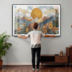 Boho Mountain Landscape Large Wall Art, Horizontal Gold Sun and Flowers Print