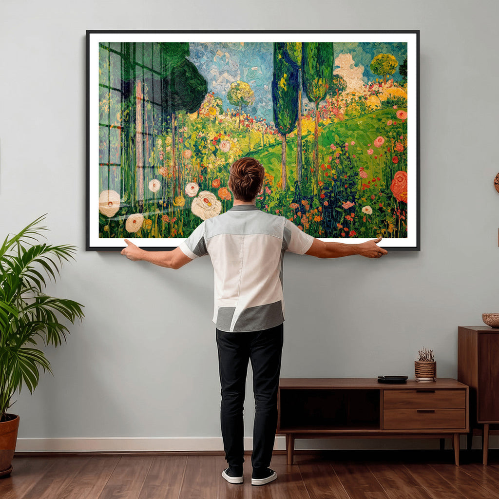 Gustav Klimt Boho Mountain Landscape Large Wall Art, Gold Sun and Flowers Print