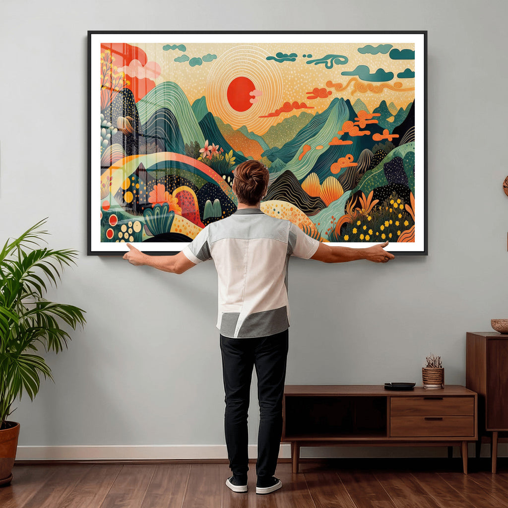 Yayoi Kusama Boho Mountain Landscape Large Wall Art, Gold Sun and Flowers Print