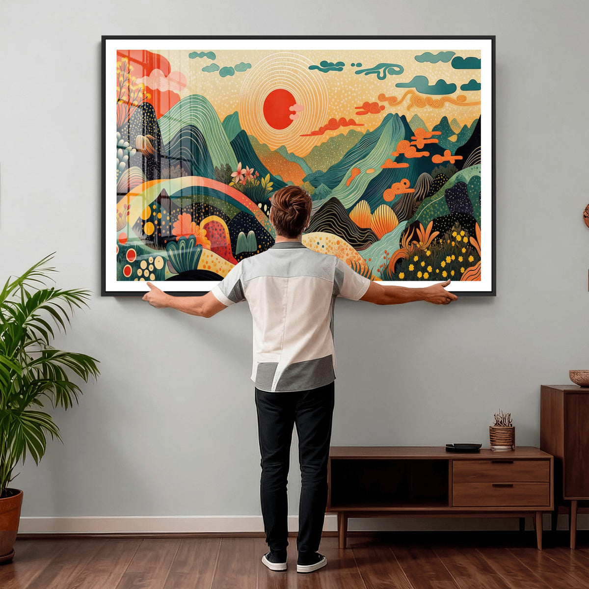 Yayoi Kusama Boho Mountain Landscape Large Wall Art, Gold Sun and Flowers Print