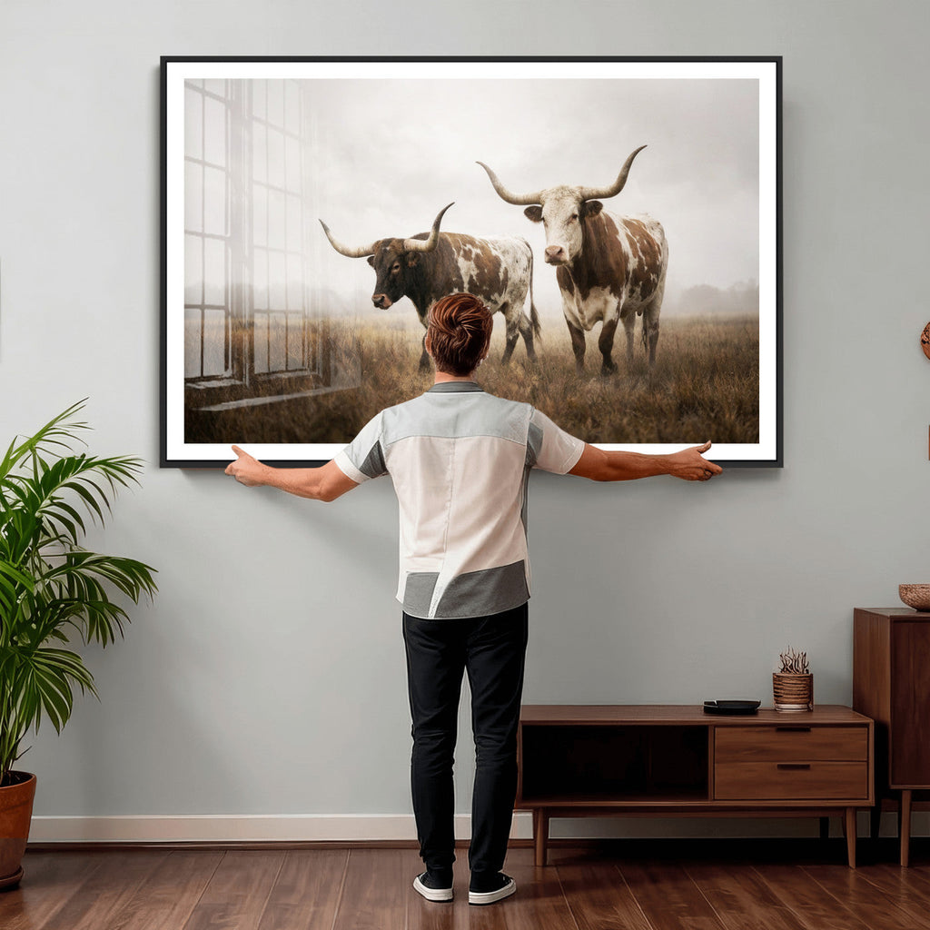 Texas Longhorn Canvas Wall Art Western Bull Desert, Rustic Farmhouse Wall Decor