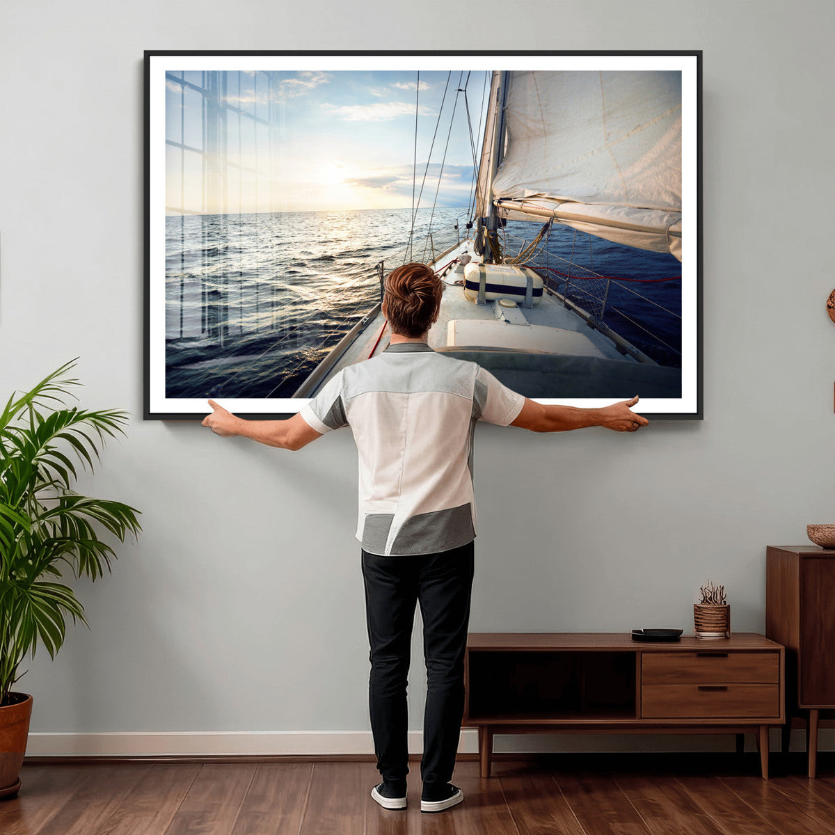 Sailboat Wall Art Canvas Print, Ocean Sunset Sailing Framed Artwork