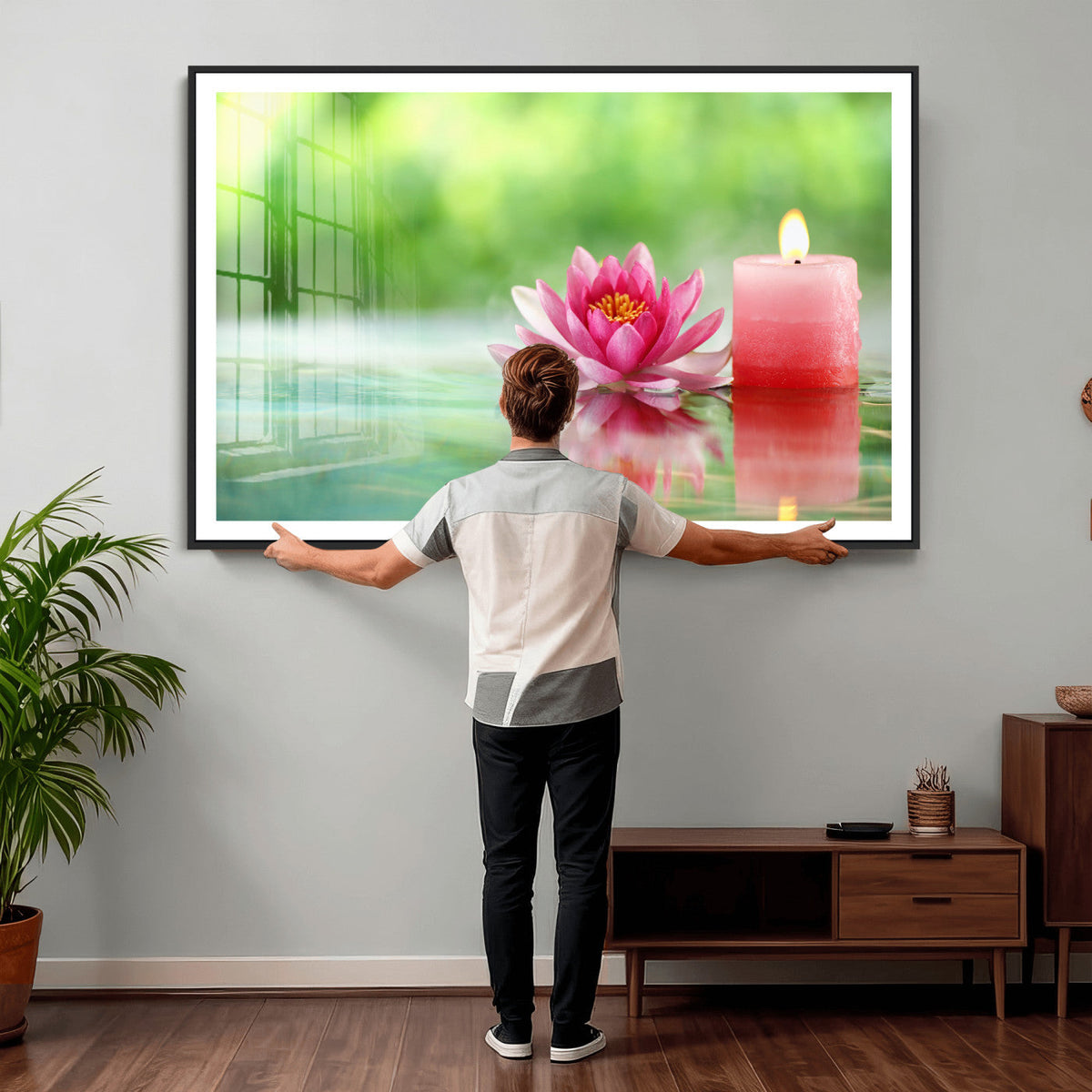 Zen Lotus Candle Canvas Wall Art, Pink Spa Meditation Decor