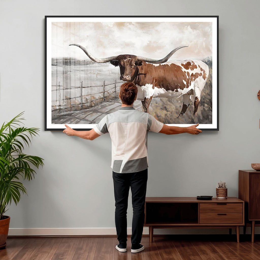 Vintage Texas Cow Wall Art Canvas Print, Rustic Longhorn